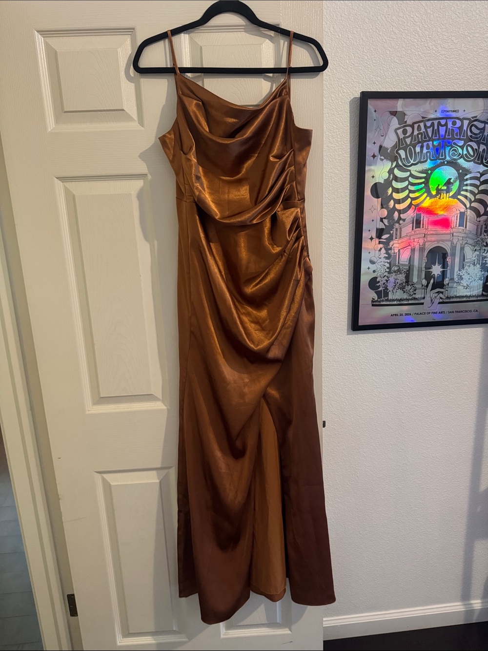 Birdy Grey Bronze Satin Draped Maxi Dress